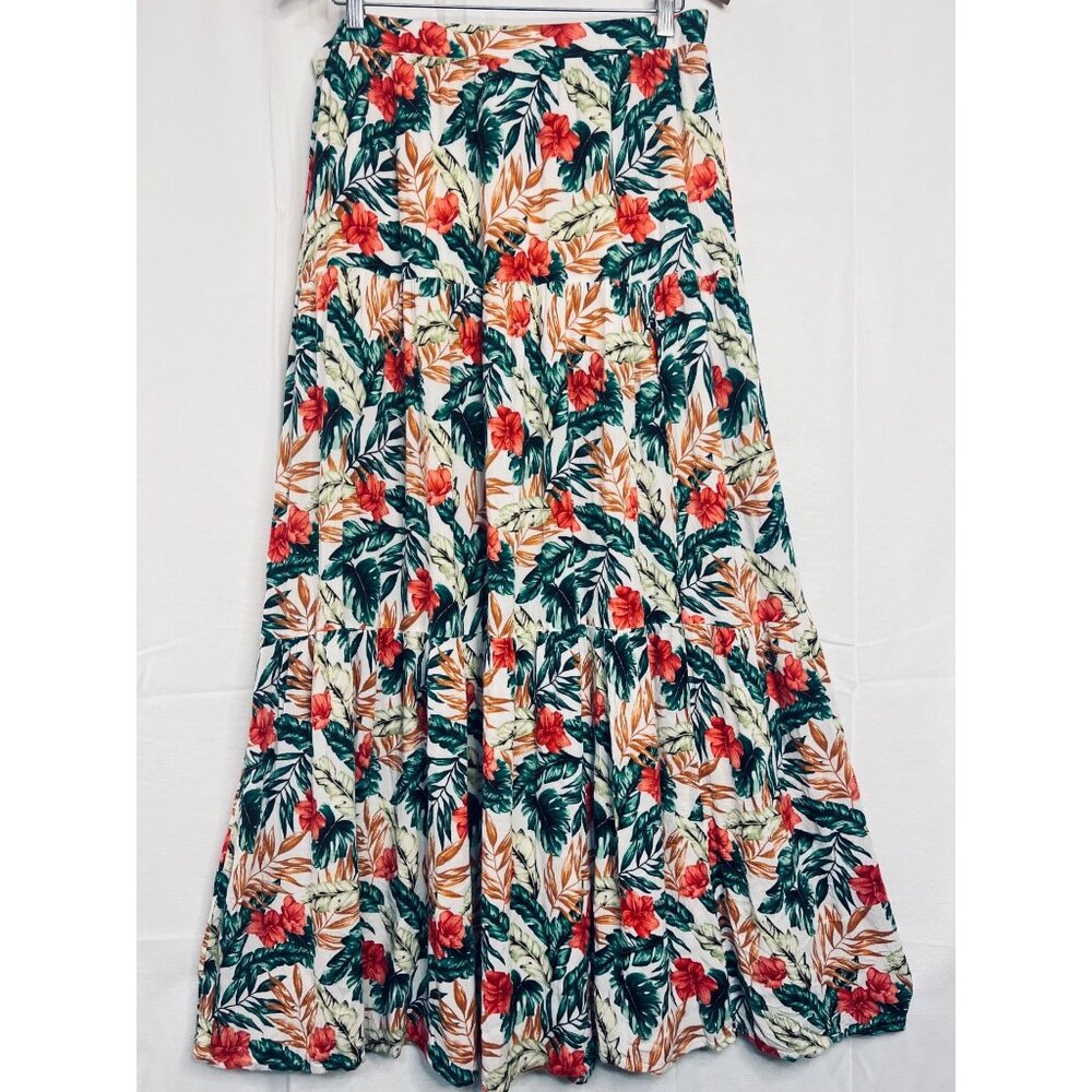 blue rain Floral Maxi Skirt Tropical  XL  Light & Flowy Comfy Casual/Office